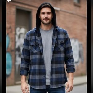 Revess Blue Buffalo Plaid W/Attached Hood Button Up Shirt Size Men's Large
